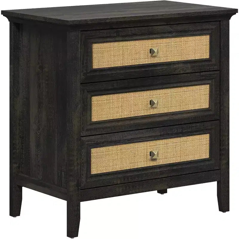 Cassettiera Heynemo per camera da letto, cassettiera alta Boho con 3 cassetti decorati in rattan, cassettiera moderna in legno per armadio, ingresso