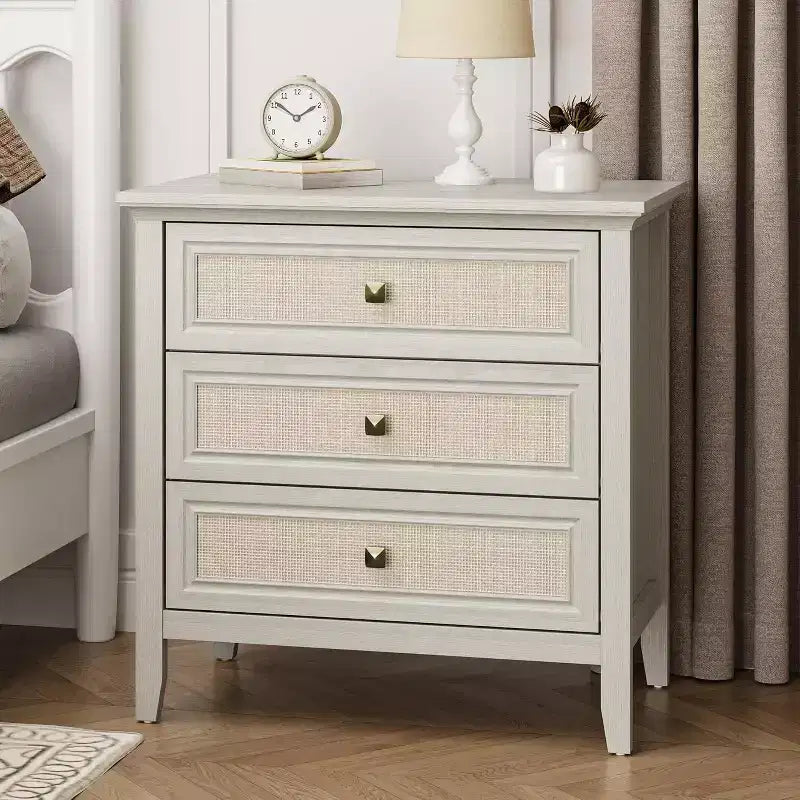 Heynemo Dresser for Bedroom, Boho Tall Dresser with 3 Rattan Decorated Drawers, Modern Wood Chest of Drawers for Closet, Entryway