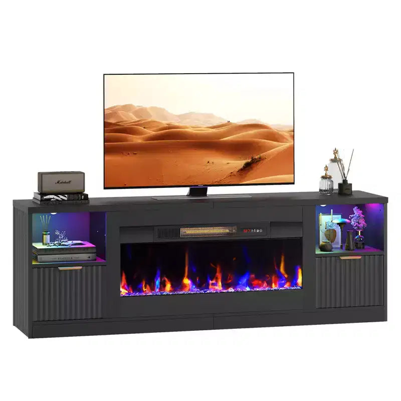 Bestier 70 Fluted Glossy Fireplace TV Stand with 36 Fireplace & LED Light Modern Entertainment Center with Cabinets
