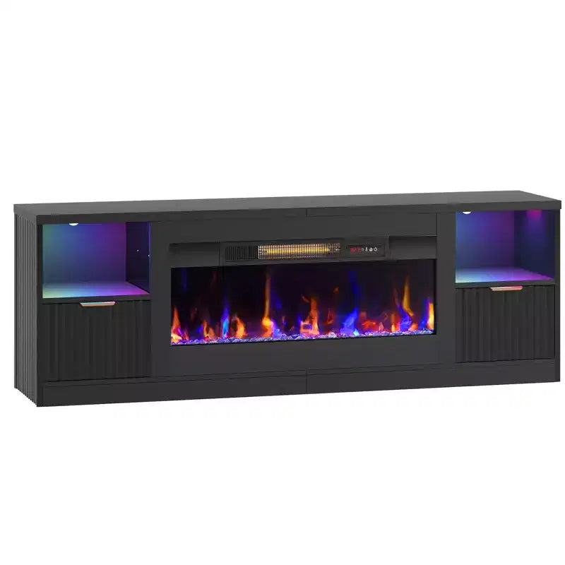 Bestier 70 Fluted Glossy Fireplace TV Stand with 36 Fireplace & LED Light Modern Entertainment Center with Cabinets