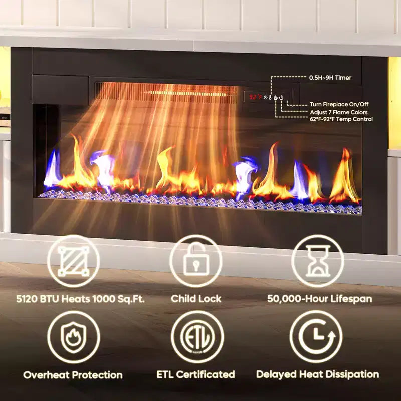 Bestier 70 Fluted Glossy Fireplace TV Stand with 36 Fireplace & LED Light Modern Entertainment Center with Cabinets