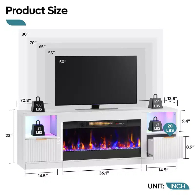Bestier 70 Fluted Glossy Fireplace TV Stand with 36 Fireplace & LED Light Modern Entertainment Center with Cabinets