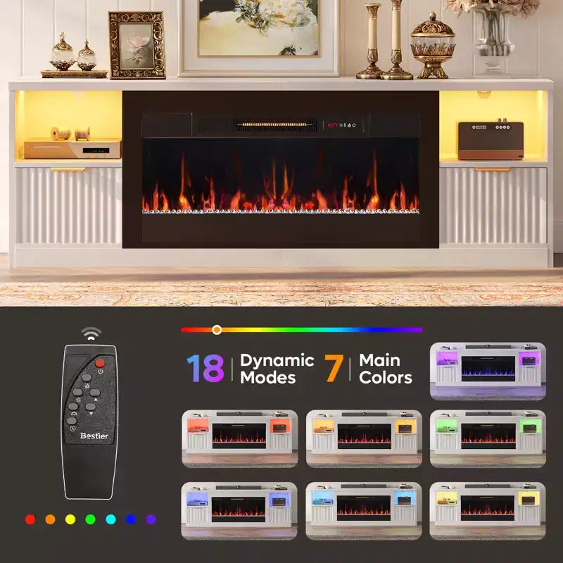 Bestier 70 Fluted Glossy Fireplace TV Stand with 36 Fireplace & LED Light Modern Entertainment Center with Cabinets