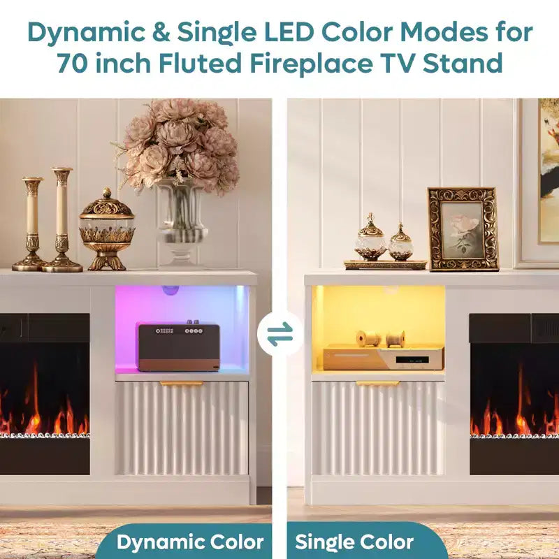 Bestier 70 Fluted Glossy Fireplace TV Stand with 36 Fireplace & LED Light Modern Entertainment Center with Cabinets