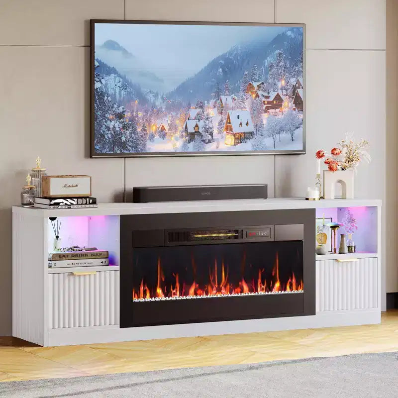 Bestier 70 Fluted Glossy Fireplace TV Stand with 36 Fireplace & LED Light Modern Entertainment Center with Cabinets