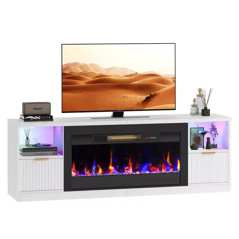 Bestier 70 Fluted Glossy Fireplace TV Stand with 36 Fireplace & LED Light Modern Entertainment Center with Cabinets