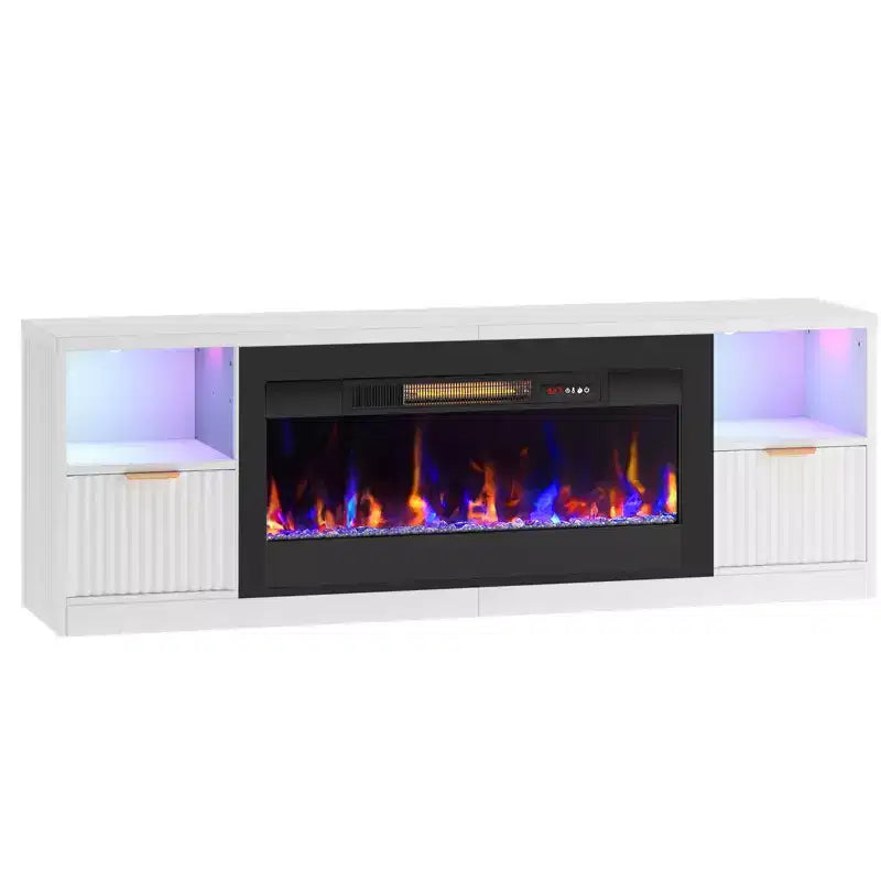 Bestier 70 Fluted Glossy Fireplace TV Stand with 36 Fireplace & LED Light Modern Entertainment Center with Cabinets