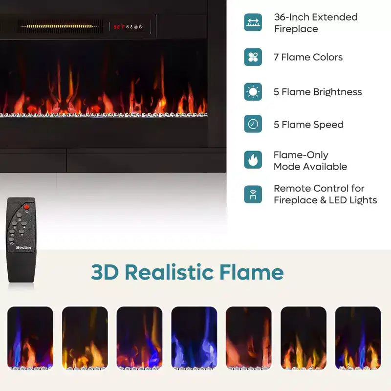 Bestier 70 Fluted Glossy Fireplace TV Stand with 36 Fireplace & LED Light Modern Entertainment Center with Cabinets