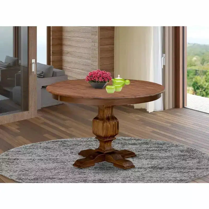 HomeStock tavolo da pranzo rotondo con piedistallo, tavolo rustico in legno di gomma