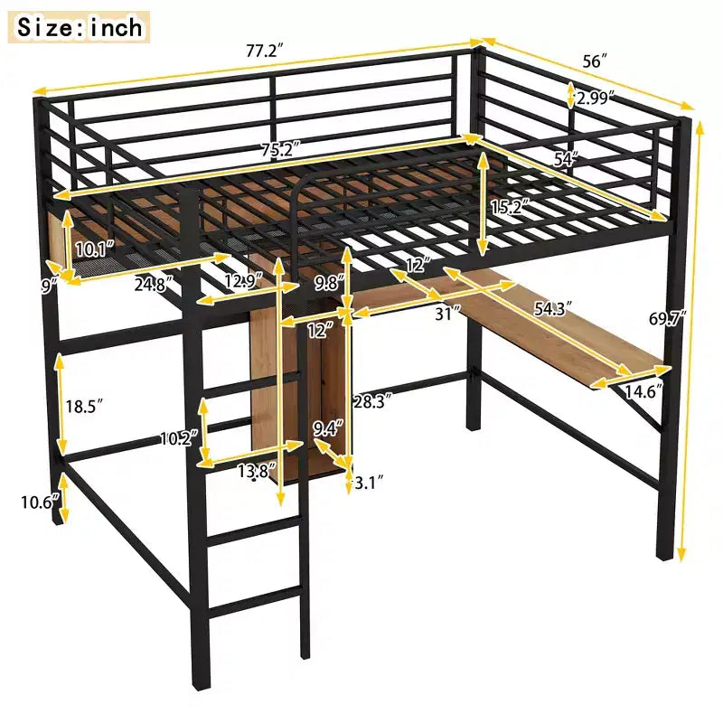 Whisen 77.2''L x 56''W Modern Full Size Metal & Wood Loft Bed with L-shaped Desk and Shelves, Multifunctional Design - Black & Walnut