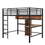 Whisen 77.2''L x 56''W Modern Full Size Metal & Wood Loft Bed with L-shaped Desk and Shelves, Multifunctional Design - Black & Walnut