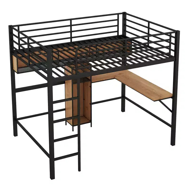 Whisen 77.2''L x 56''W Modern Full Size Metal & Wood Loft Bed with L-shaped Desk and Shelves, Multifunctional Design - Black & Walnut