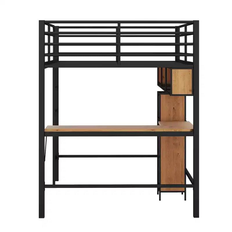Whisen 77.2''L x 56''W Modern Full Size Metal & Wood Loft Bed with L-shaped Desk and Shelves, Multifunctional Design - Black & Walnut