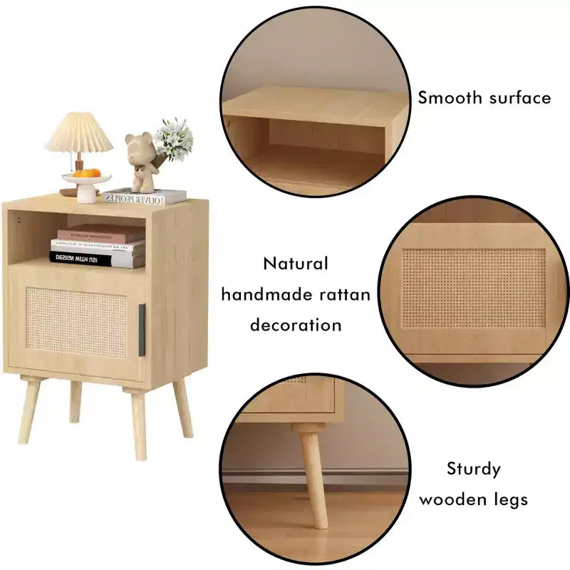 GDFStudio Melissa Comodino in legno da 58 cm con ripiano aperto e anta in rattan