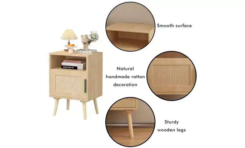 GDFStudio Melissa Comodino in legno da 58 cm con ripiano aperto e anta in rattan