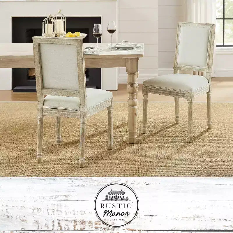 Rustic Manor David Linen Armless Dinng Chair with Antique Brushed Wood Finish (Set of 2)