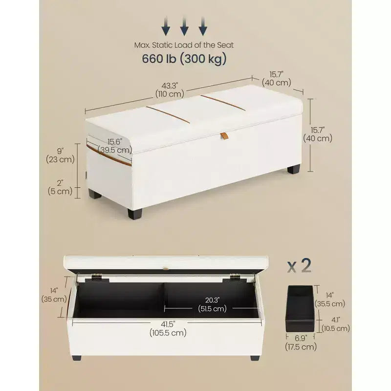 SONGMICS HOME 43.3 Storage Ottoman Bench 27 Gal (103 L) Capacity End-of-Bed Bench Ottoman with Storage for Bedroom