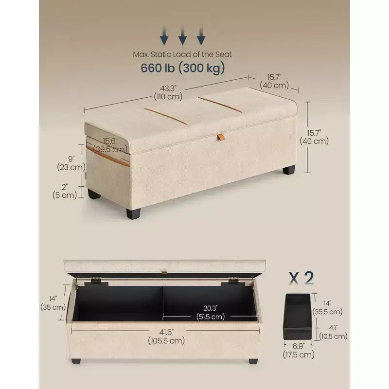SONGMICS HOME 43.3 Storage Ottoman Bench 27 Gal (103 L) Capacity End-of-Bed Bench Ottoman with Storage for Bedroom