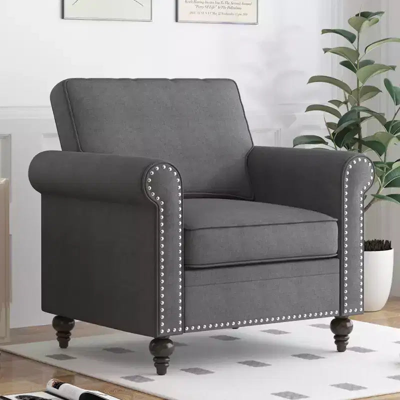 Mjkone Modern Rivet Design Accent Chair Linen Fabric Armchair Single Sofa,Mid Century 1-Seater Sofa Couch for Home/Office/Apartment