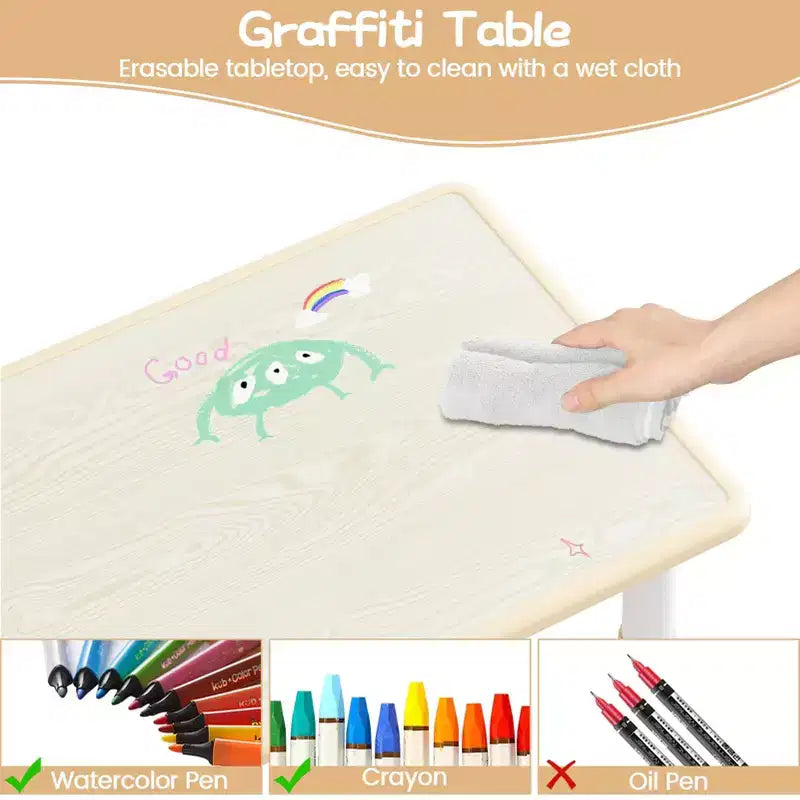 Tavolo e Set 4 Sedie per Bambini, Tavolo e Set Sedie per Bambini Regolabili in Altezza, Piano Tavolo Graffiti, Tavolo Multi-attività per Bambini per 4