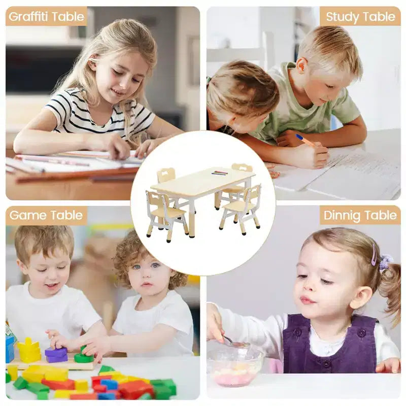 Tavolo e Set 4 Sedie per Bambini, Tavolo e Set Sedie per Bambini Regolabili in Altezza, Piano Tavolo Graffiti, Tavolo Multi-attività per Bambini per 4