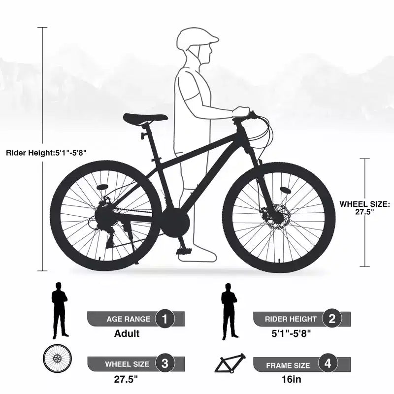 Mountain bike da 27,5 pollici, telaio in lega di alluminio, bici da montagna da città pendolare da trail a 21 velocità con doppi freni a disco e forcella ammortizzata per donne e uomini