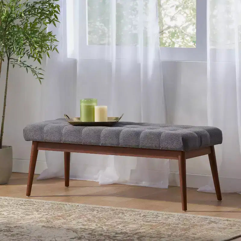 GDFStudio Flora Pouf imbottito in legno di gomma trapuntato, stile moderno di metà secolo, 44 pollici