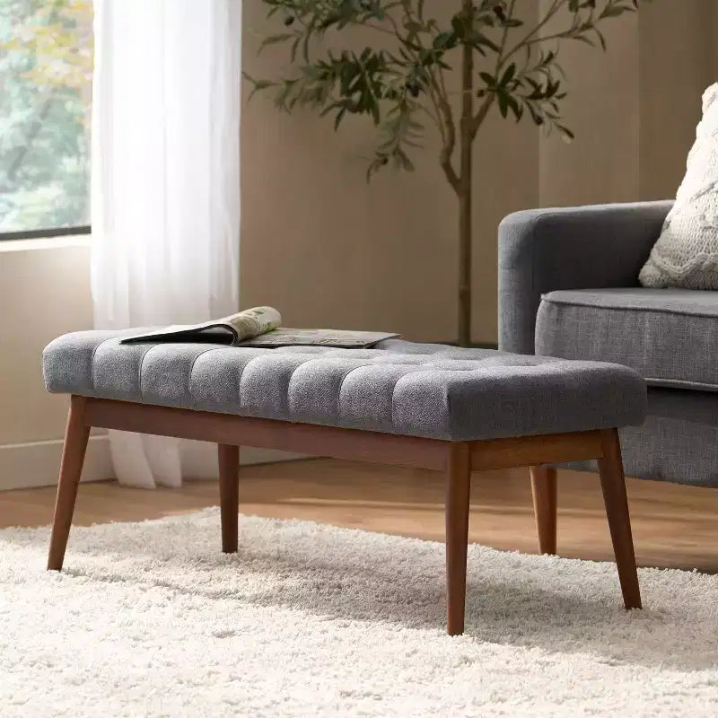 GDFStudio Flora Mid Century Modern 44 Upholstered Tufted Rubberwood Ottoman