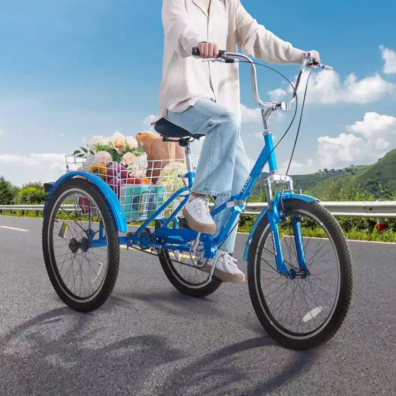Triciclo Pieghevole VEVOR per Adulti, Triciclo Pieghevole da 26 Pollici per Adulti, Bici da Crociera a 3 Ruote in Acciaio al Carbonio con Ampio Cesto e Sedile Regolabile