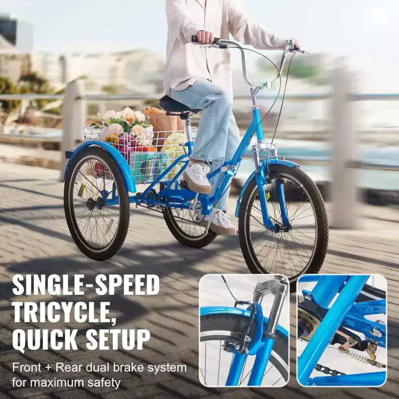 Triciclo Pieghevole VEVOR per Adulti, Triciclo Pieghevole da 26 Pollici per Adulti, Bici da Crociera a 3 Ruote in Acciaio al Carbonio con Ampio Cesto e Sedile Regolabile