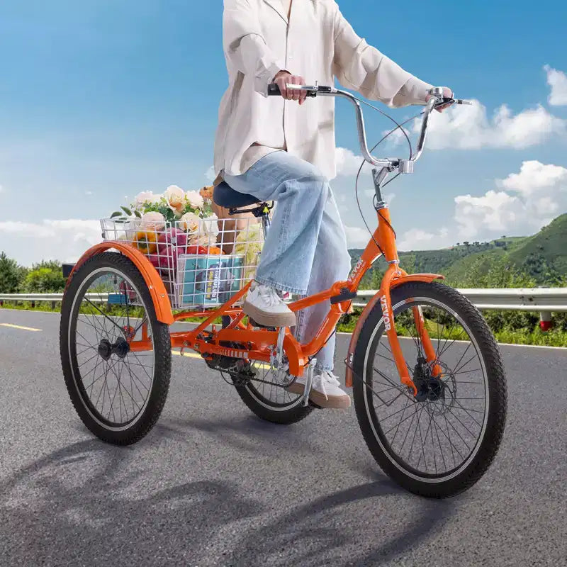 VEVOR Triciclo Pieghevole per Adulti, Tricicli Pieghevoli per Adulti da 20 Pollici, Bici Cruiser a 3 Ruote Leggera in Lega di Alluminio con Ampio Cestino Posteriore