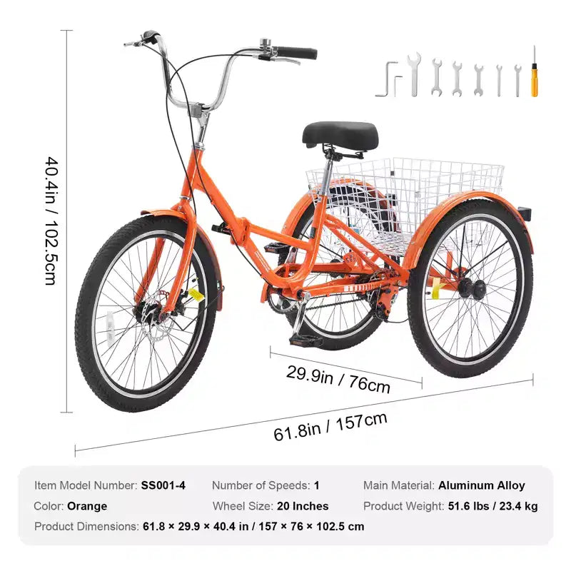 VEVOR Triciclo Pieghevole per Adulti, Tricicli Pieghevoli per Adulti da 20 Pollici, Bici Cruiser a 3 Ruote Leggera in Lega di Alluminio con Ampio Cestino Posteriore