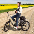 VEVOR Tricicli per Adulti, Bici a 7 Velocità, Tricicli da 24 Pollici, Cruiser in Acciaio al Carbonio con Cestino e Sedile Regolabile