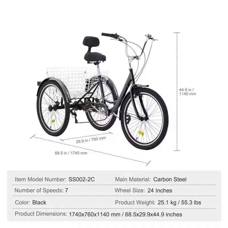 VEVOR Tricicli per Adulti, Bici a 7 Velocità, Tricicli da 24 Pollici, Cruiser in Acciaio al Carbonio con Cestino e Sedile Regolabile