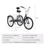 VEVOR Tricicli per Adulti, Bici a 7 Velocità, Tricicli da 24 Pollici, Cruiser in Acciaio al Carbonio con Cestino e Sedile Regolabile