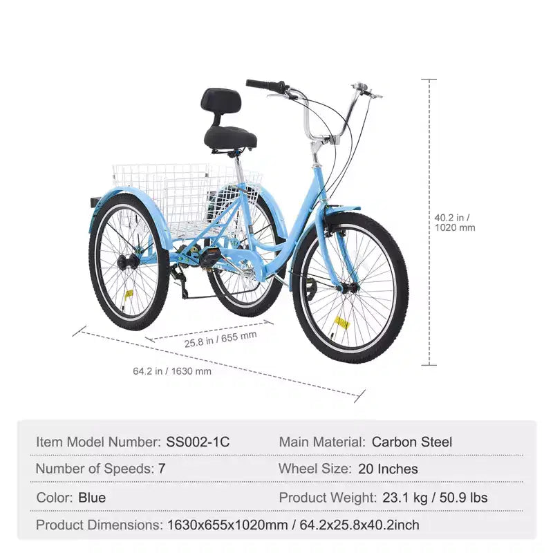VEVOR Triciclo per Adulti, Bicicletta a 7 Velocità per Adulti, Bicicletta a Tre Ruote da 20 Pollici, Bici Cruiser in Acciaio al Carbonio con Cesto e Sedile Regolabile