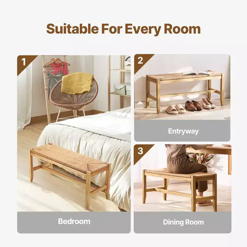 Panca in Rattan VEVOR, Panca in Rattan di Legno da 40", Panca da Ingresso con Gambe in Legno di Rovere, Panca Bohemien da Fondo Letto per Camera da Letto con Rattan Intrecciato a Mano