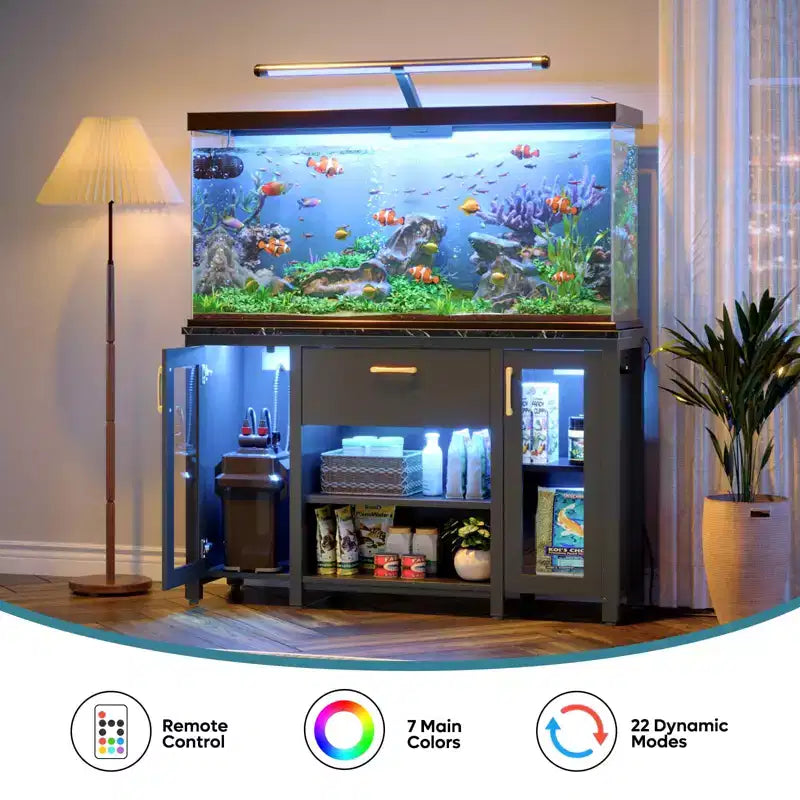 Bestier 55 Gallon Fish Tank Stand Metal Aquarium Stand with Storage Cabinet & Power Outlets LED Light, 750lbs Capacity, Black