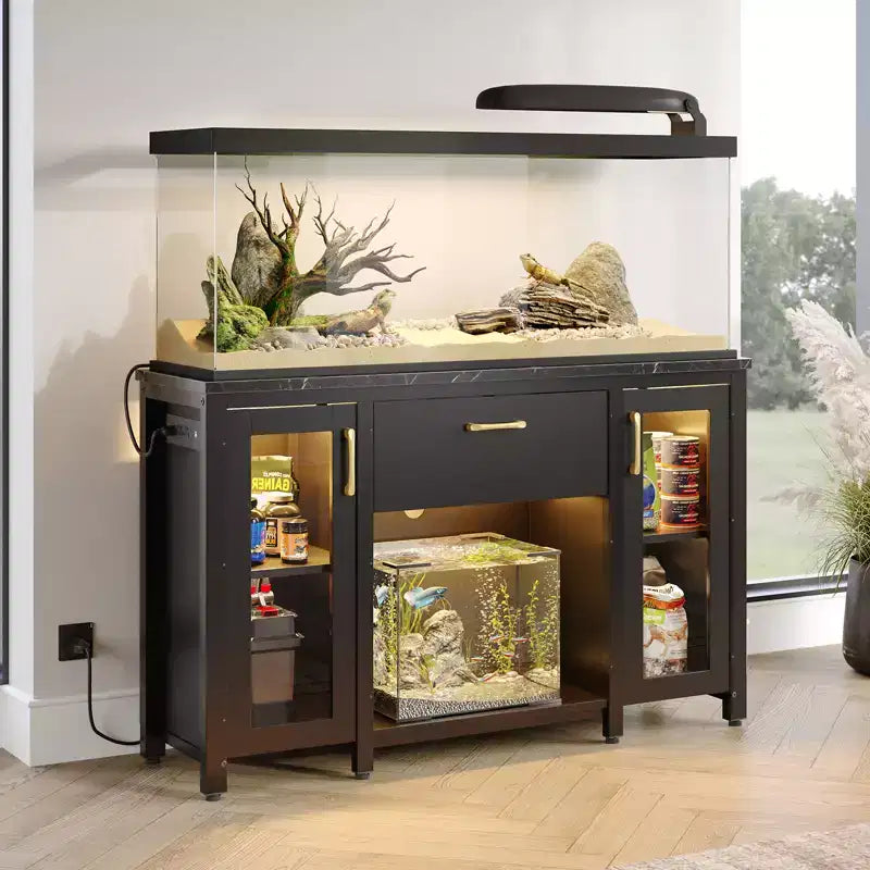Bestier 55 Gallon Fish Tank Stand Metal Aquarium Stand with Storage Cabinet & Power Outlets LED Light, 750lbs Capacity, Black