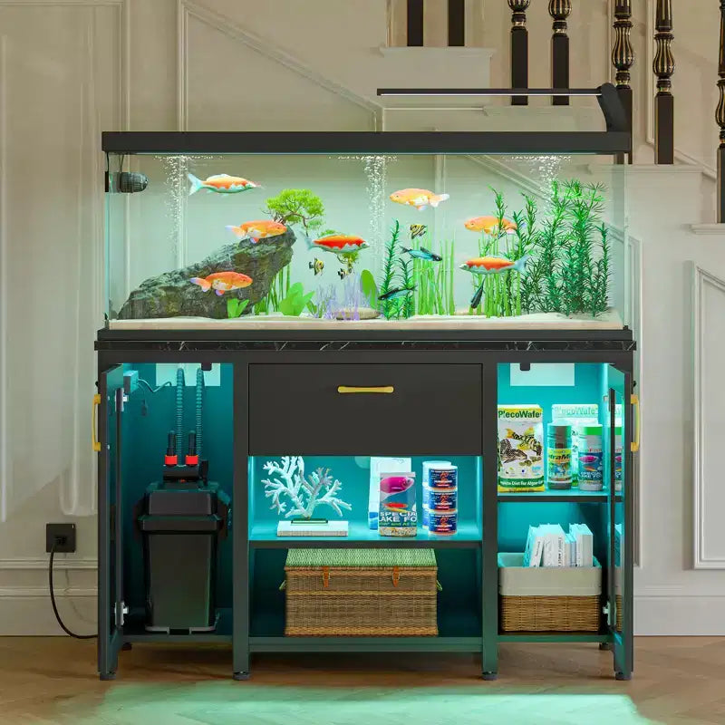 Bestier 55 Gallon Fish Tank Stand Metal Aquarium Stand with Storage Cabinet & Power Outlets LED Light, 750lbs Capacity, Black