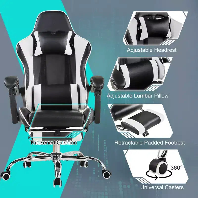 VECELO Reclining Gaming Chair, Faux Leather Adjustable Height Ergonomic Gaming Chair with Footrest & Lumbar Support, Black