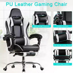 VECELO Reclining Gaming Chair, Faux Leather Adjustable Height Ergonomic Gaming Chair with Footrest & Lumbar Support, Black