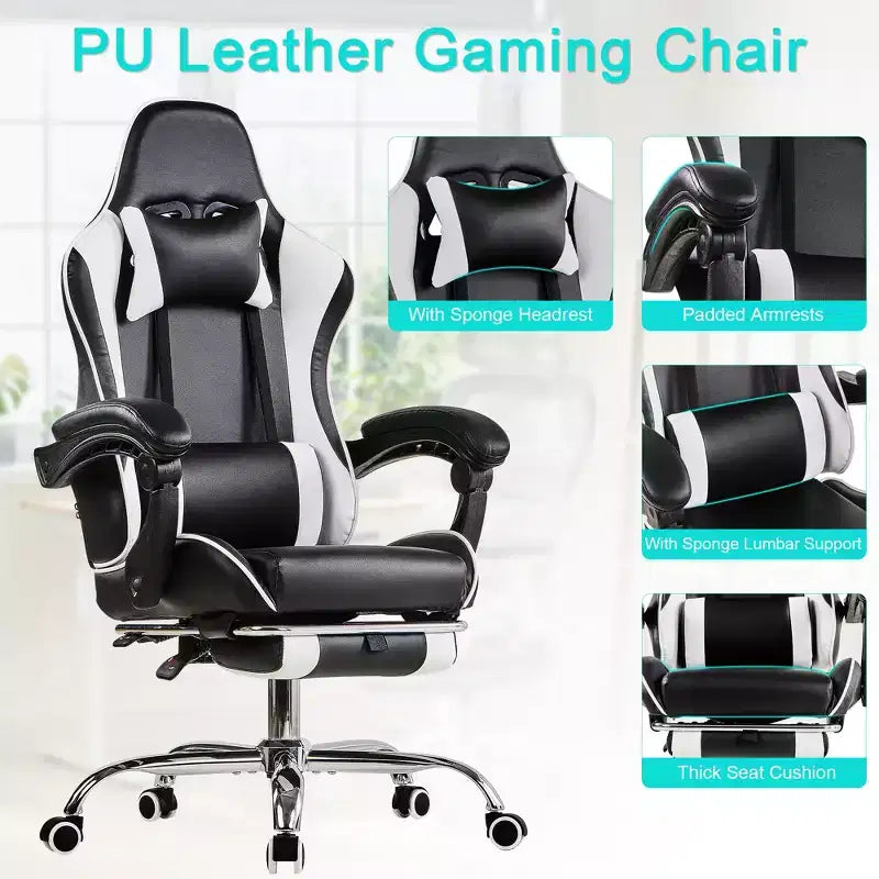 VECELO Reclining Gaming Chair, Faux Leather Adjustable Height Ergonomic Gaming Chair with Footrest & Lumbar Support, Black