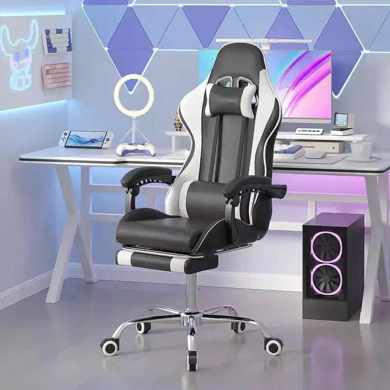VECELO Reclining Gaming Chair, Faux Leather Adjustable Height Ergonomic Gaming Chair with Footrest & Lumbar Support, Black