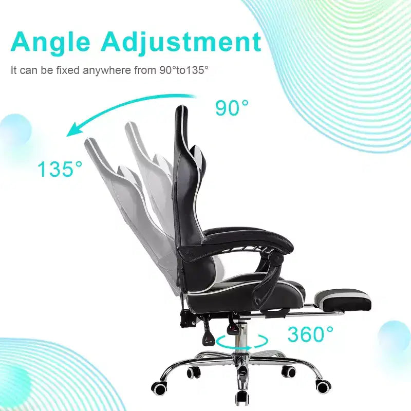 VECELO Reclining Gaming Chair, Faux Leather Adjustable Height Ergonomic Gaming Chair with Footrest & Lumbar Support, Black