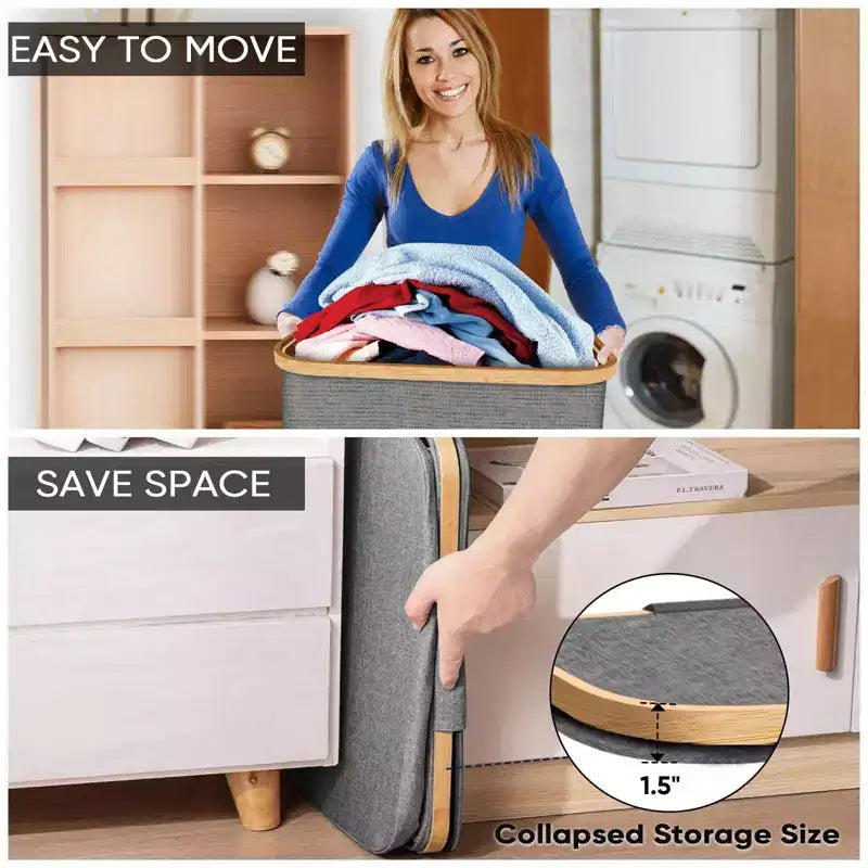 Cesto portabiancheria HOMLUX da 79 litri con coperchio, manici in bambù e supporto interno