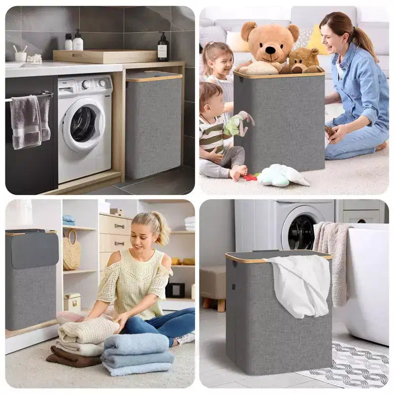 Cesto portabiancheria HOMLUX da 79 litri con coperchio, manici in bambù e supporto interno