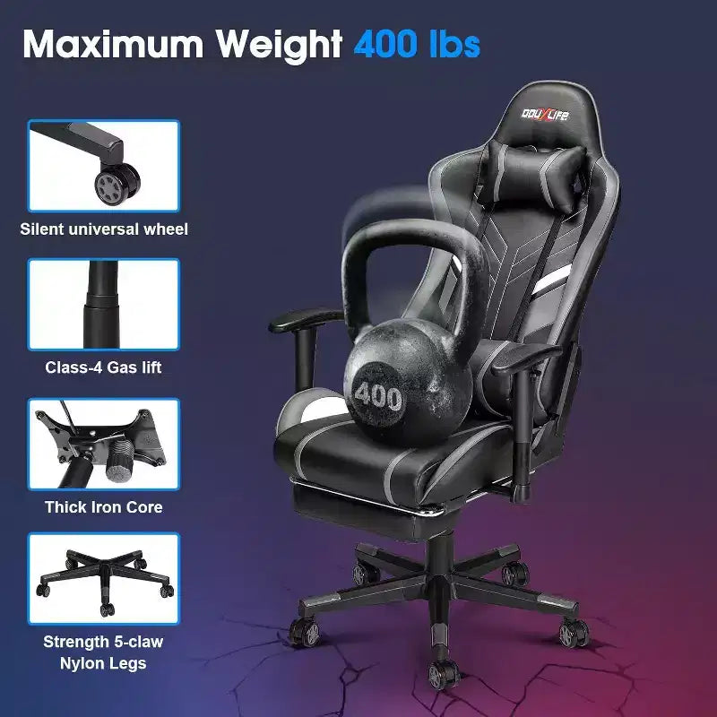 Douxlife Poltrona Gaming Ergonomica Moderna con Massaggio a 7 Punti, Poggiapiedi e Braccioli Regolabili, Nero Grigio