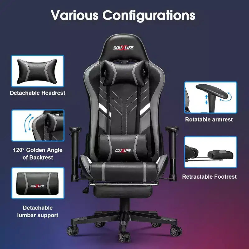Douxlife Poltrona Gaming Ergonomica Moderna con Massaggio a 7 Punti, Poggiapiedi e Braccioli Regolabili, Nero Grigio