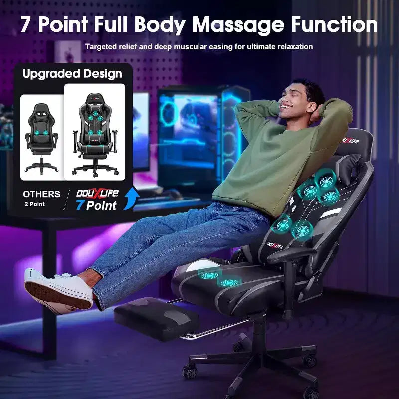 Douxlife Poltrona Gaming Ergonomica Moderna con Massaggio a 7 Punti, Poggiapiedi e Braccioli Regolabili, Nero Grigio
